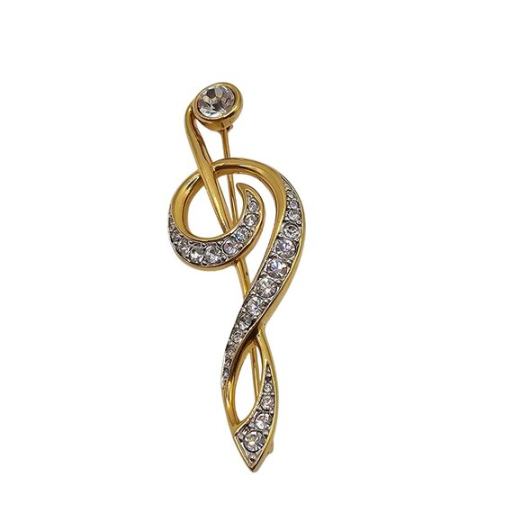 Signed Swarovski Swan Logo Gold Silver/Clear Crystal Musical Clef Note Brooch - Picture 2 of 13